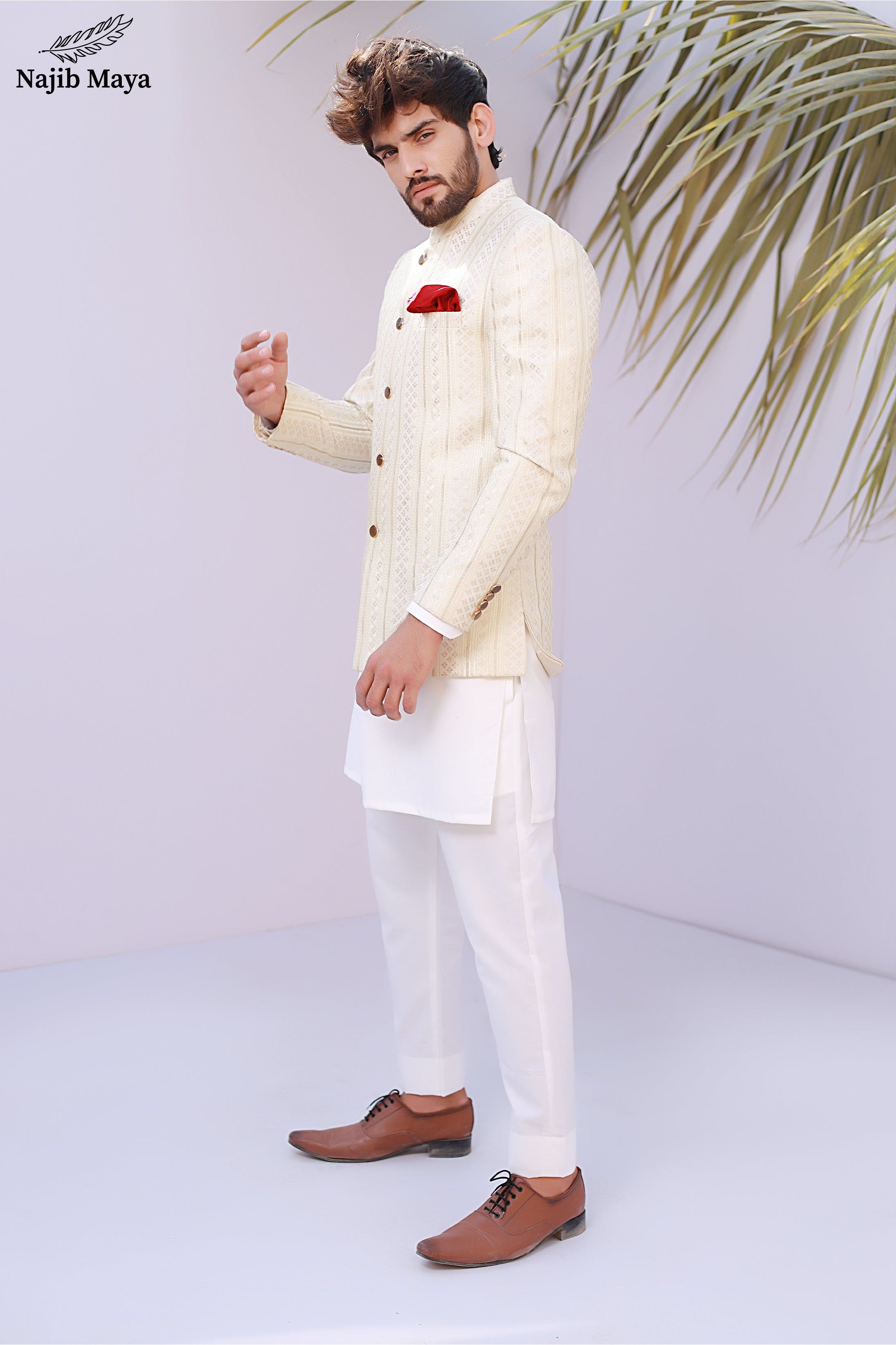 Off White Sequance Emboridery Prince Coat For Men's Main image