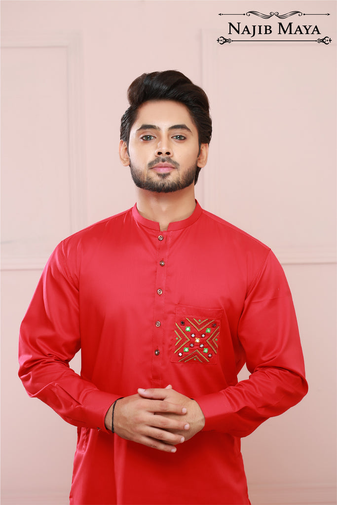Red Stylish Front Pocket Kurta Pajama For Men's