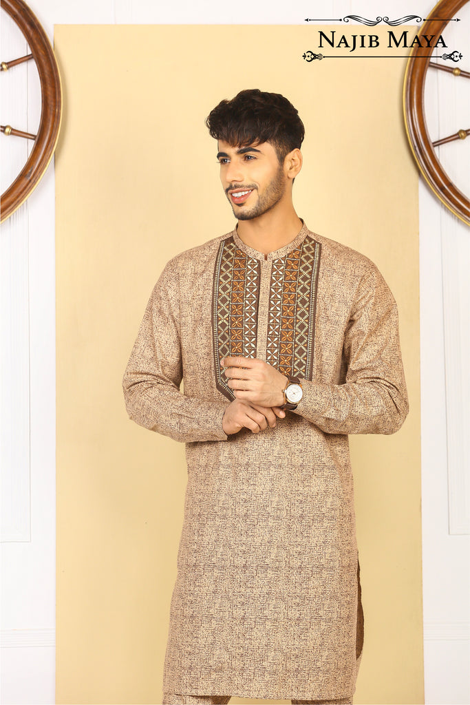 Coffee Front Embroidered Kurta Pajama For Men's