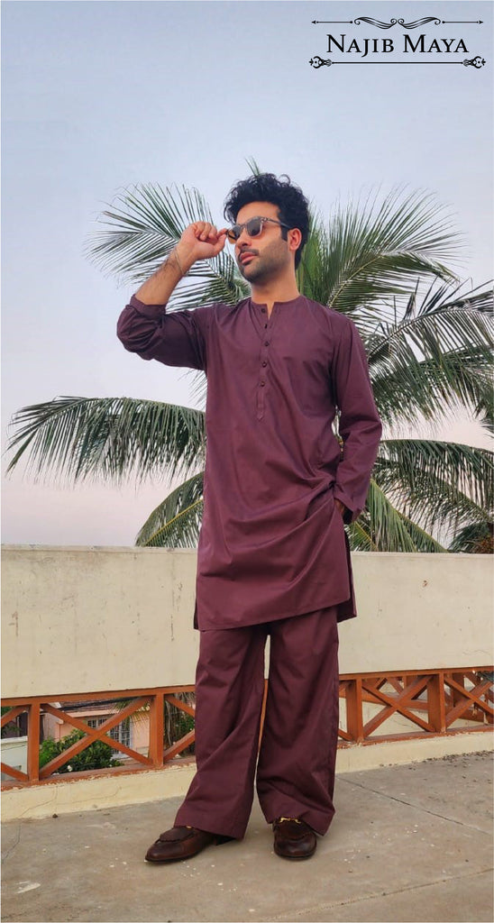 Burgundy Kurta With Bell Bottom Pajama For Men's