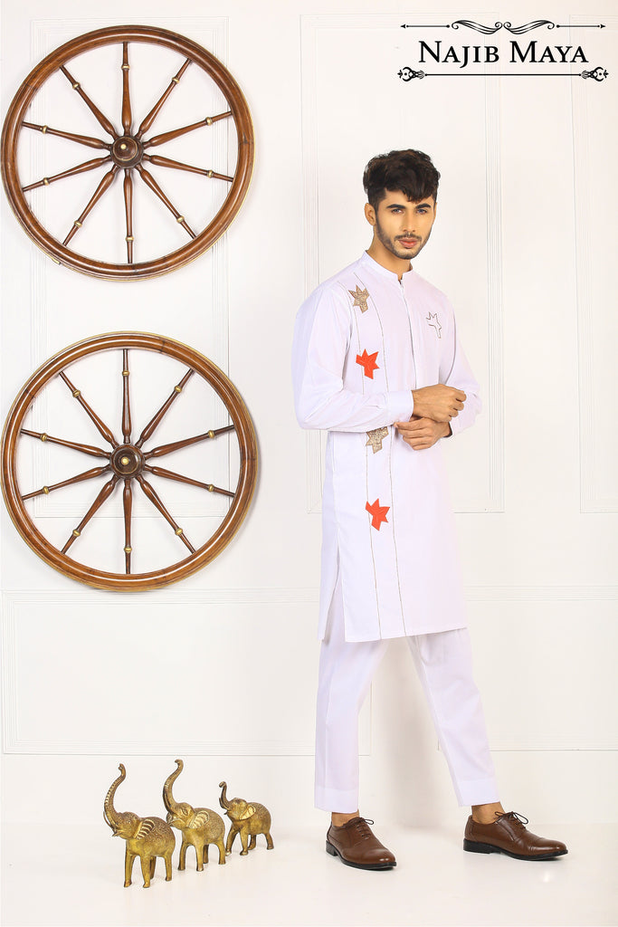 White Leaf Embroidery Kurta Pajama For Men's