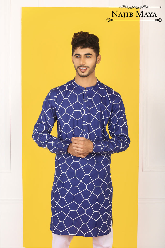 Blue Print Kurta With White Pajama For Men's
