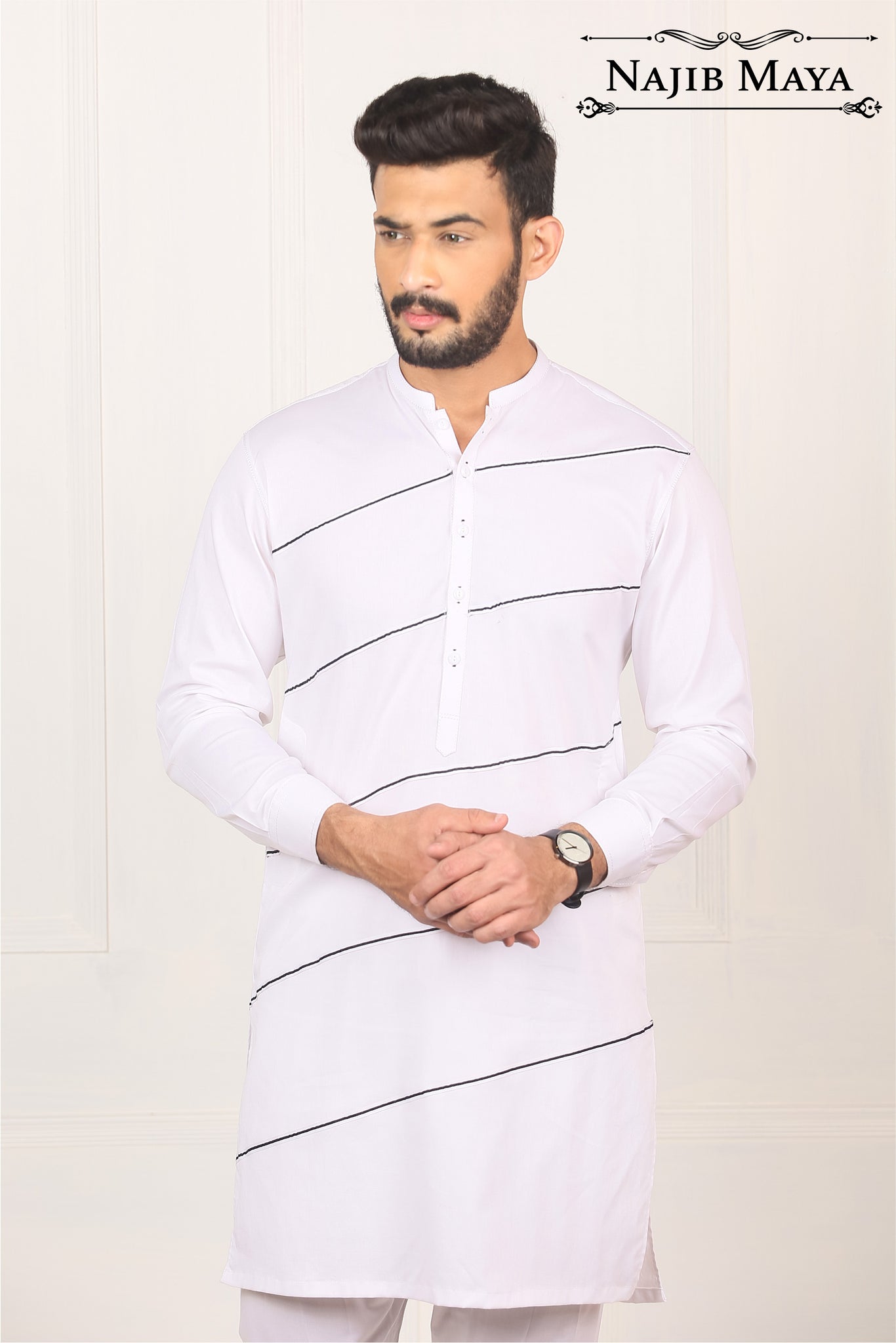 White Lining Kurta Pajama For Men s Najib Maya