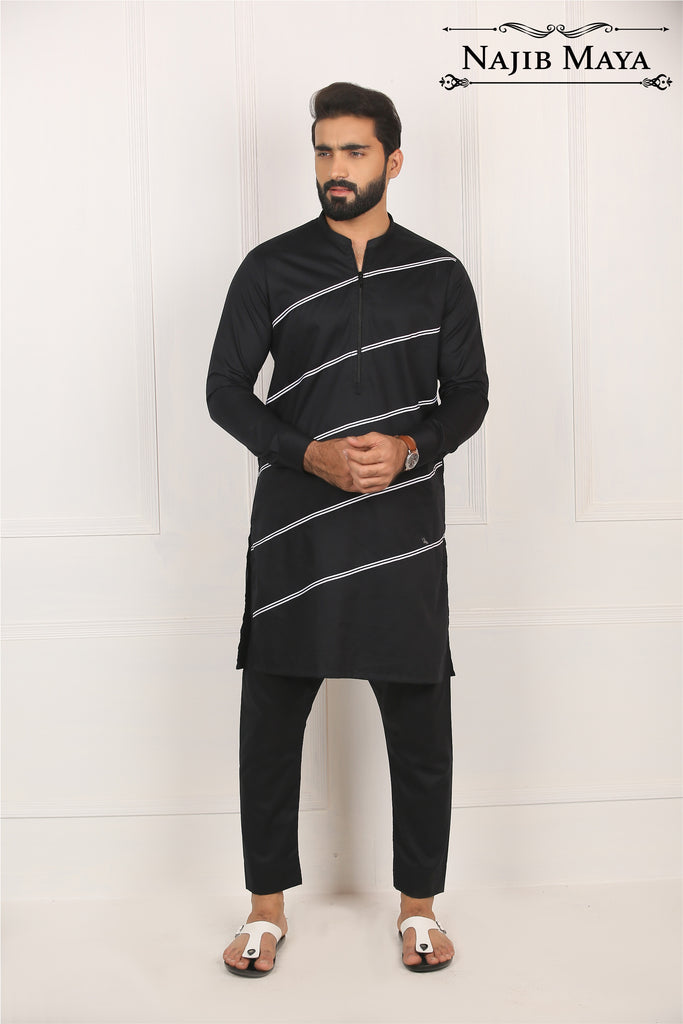 Black Lining Kurta Pajama For Men's