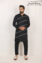 Load image into Gallery viewer, Black Lining Kurta Pajama For Men&#39;s