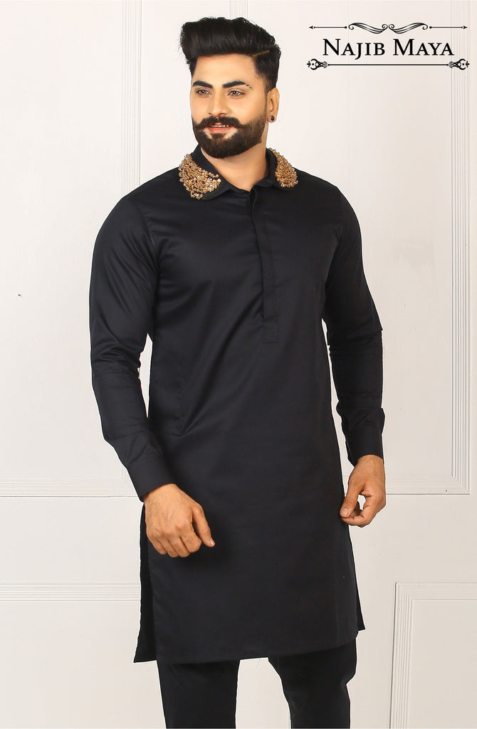 Black Stylish Collar Kurta Pajama For Men's