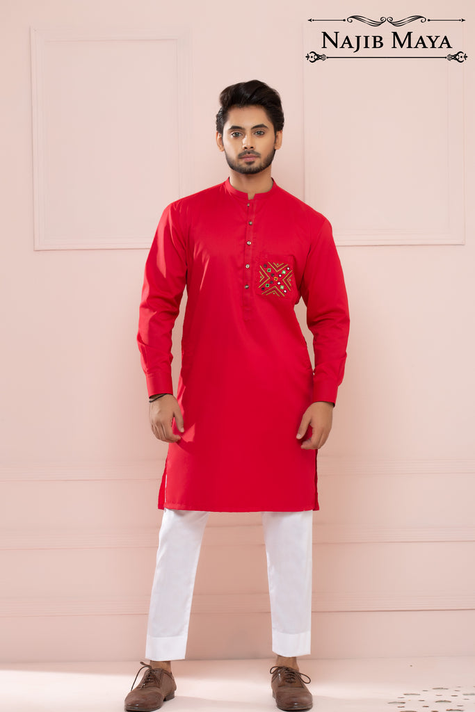 Red Stylish Front Pocket Kurta Pajama For Men's