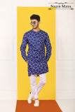 Blue Print Kurta With White Pajama For Men's