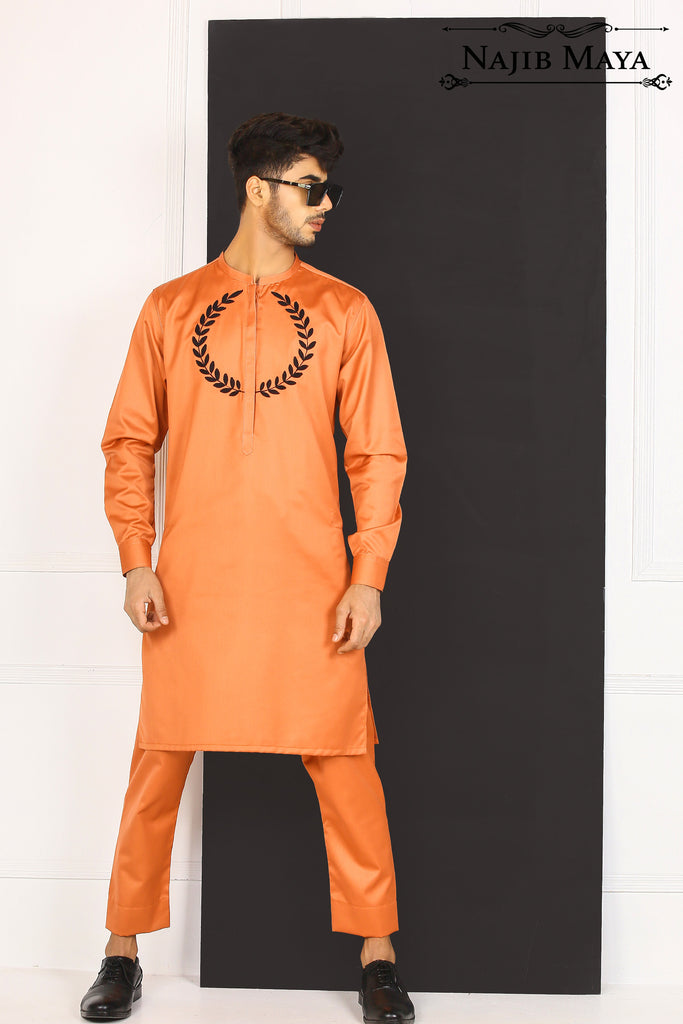 Orange Front Embroidered Kurta Pajama For Men's