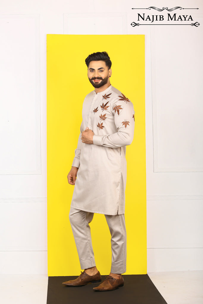 Cream Front Leaf Embroidered Kurta Pajama For Men's