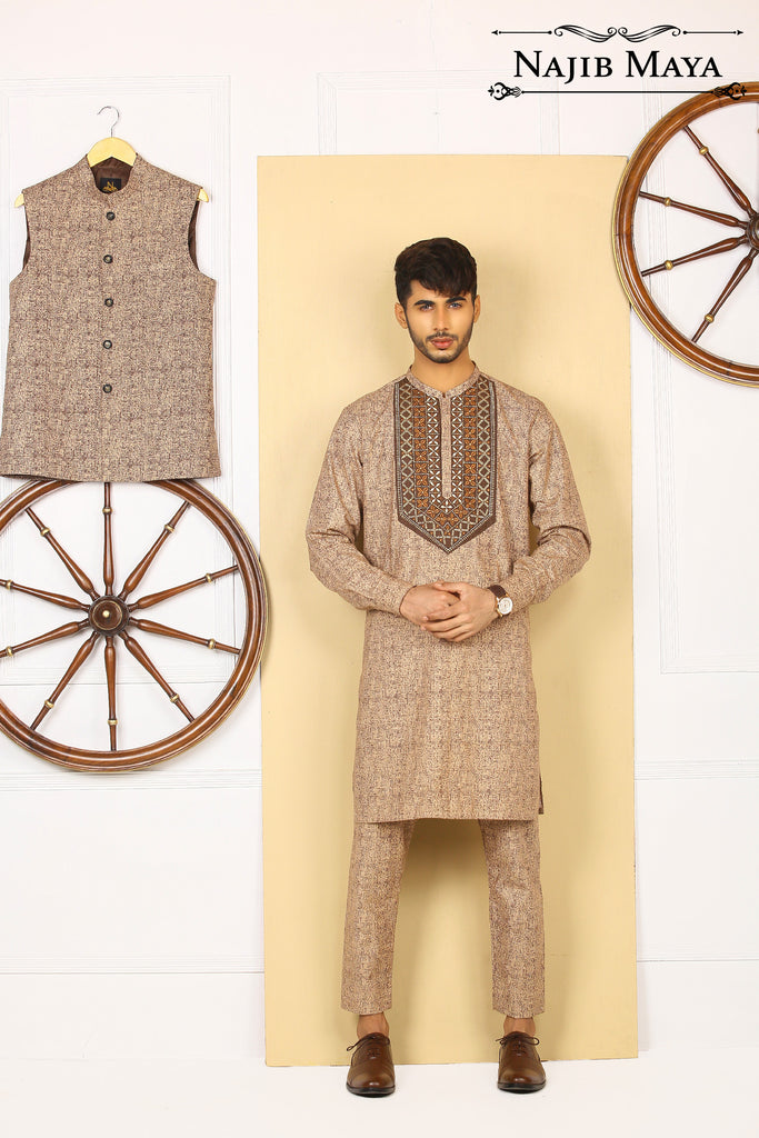 Coffee Front Embroidered Kurta Pajama For Men's