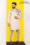 Cream Front Leaf Embroidered Kurta Pajama For Men's