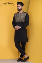 Load image into Gallery viewer, Black with Front Golden Embroidered Kurta Pajama For Men&#39;s