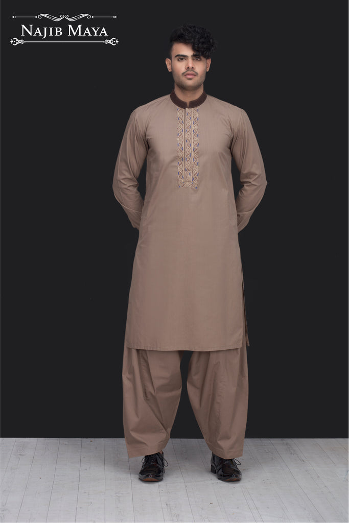 Brown Front Embroidery Kurta Pajama For Men's