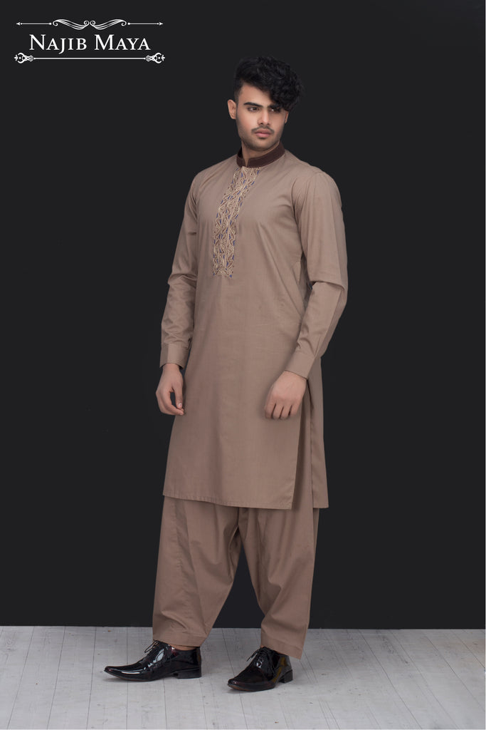 Brown Front Embroidery Kurta Pajama For Men's