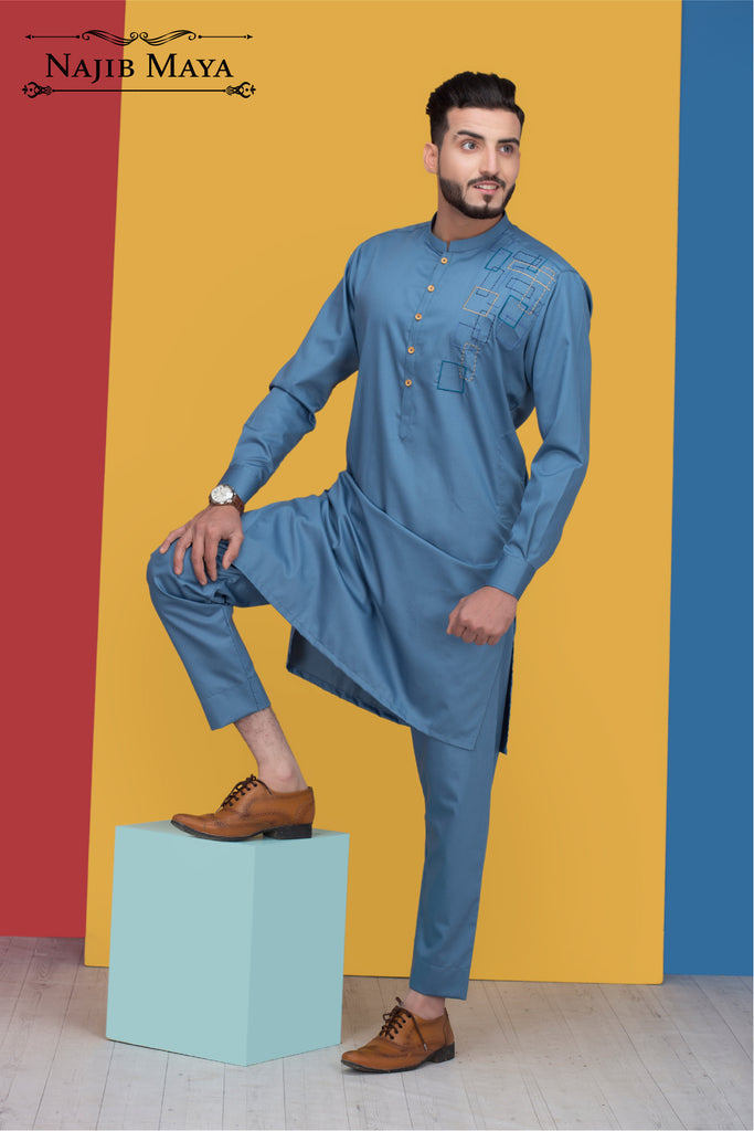 Blue Embroidered Kurta Pajama For Men's