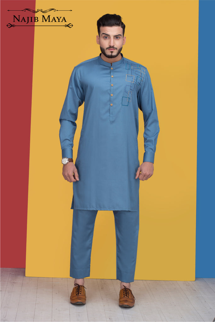 Blue Embroidered Kurta Pajama For Men's