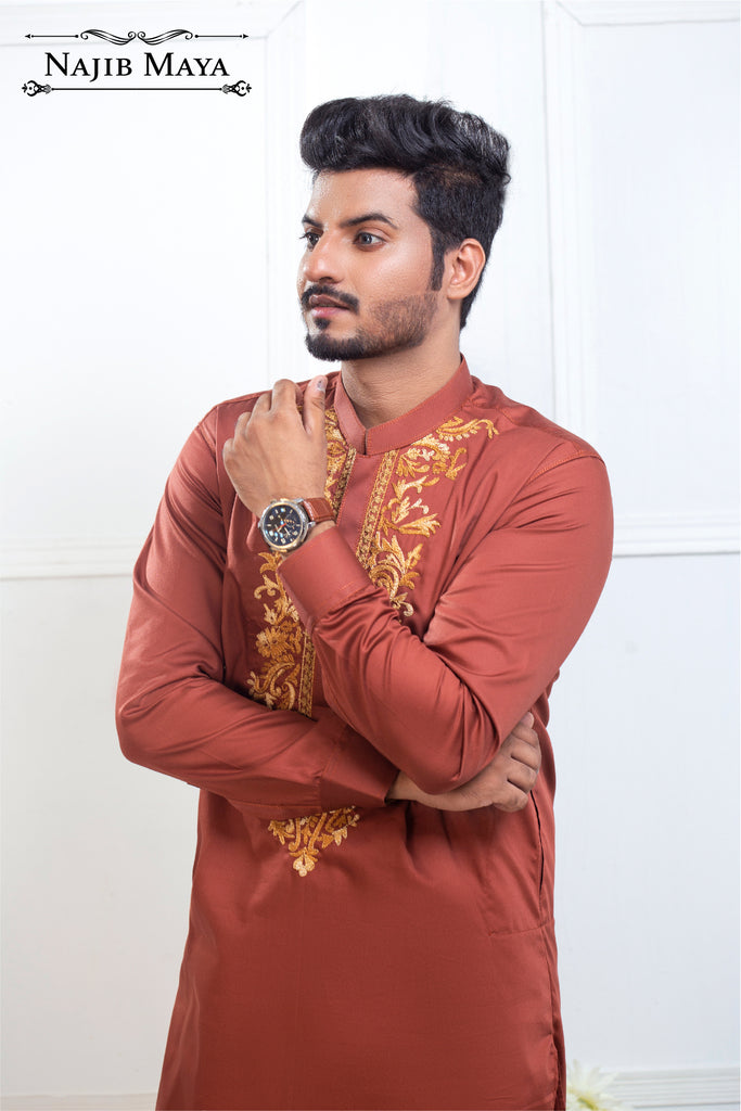 Rust Stylish Embroidered Kurta Pajama For Men's