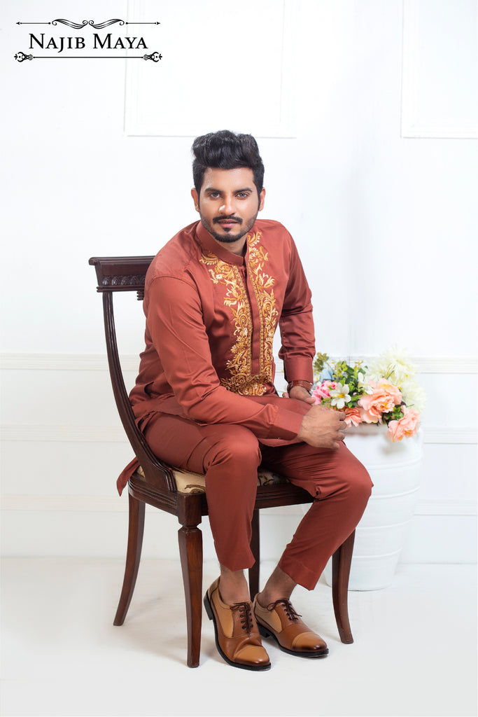 Rust Stylish Embroidered Kurta Pajama For Men's