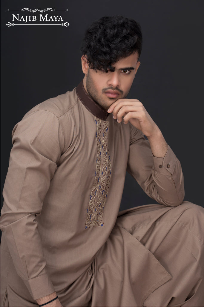 Brown Front Embroidery Kurta Pajama For Men's