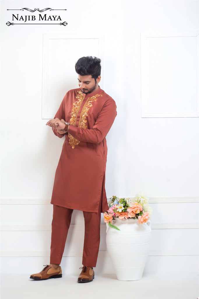 Rust Stylish Embroidered Kurta Pajama For Men's