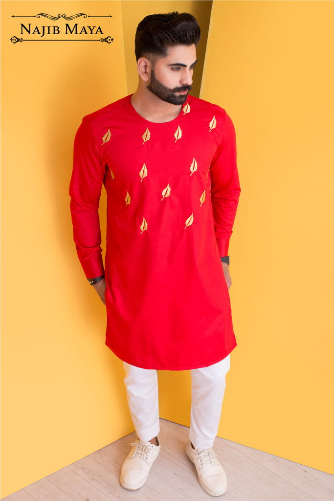Red Leaf Embroidered Kurta Pajama For Men's