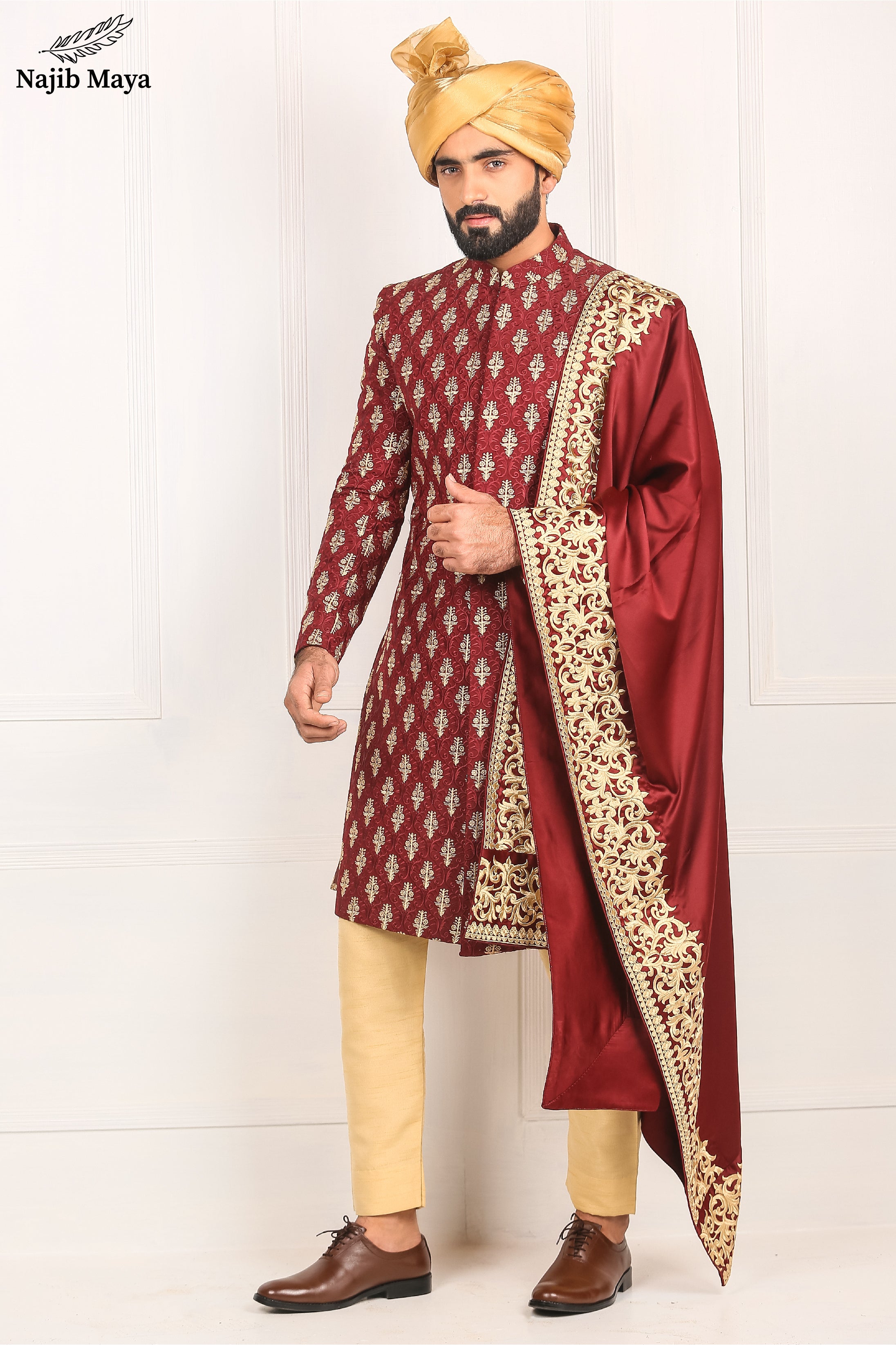 Premium Red Messori Caviar Classic Fit Sherwani For Men's Main image
