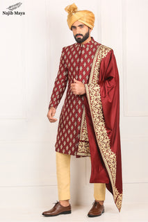 Premium Red Messori Caviar Classic Fit Sherwani For Men's