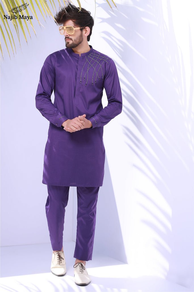 Purple Embroidered Kurta Pajama For Men's
