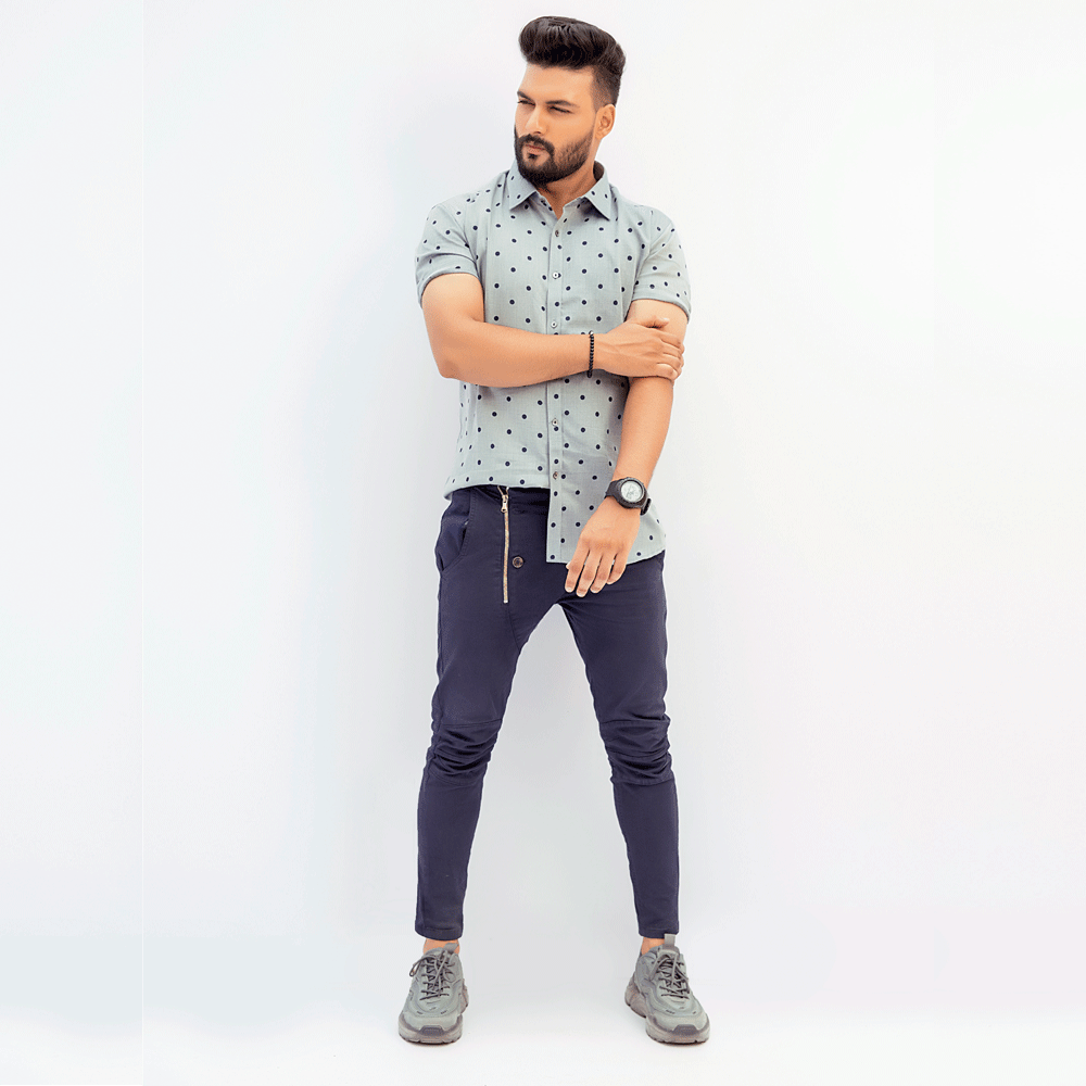 Gray Casual Shirt With Black Dot For Men's Secondary image