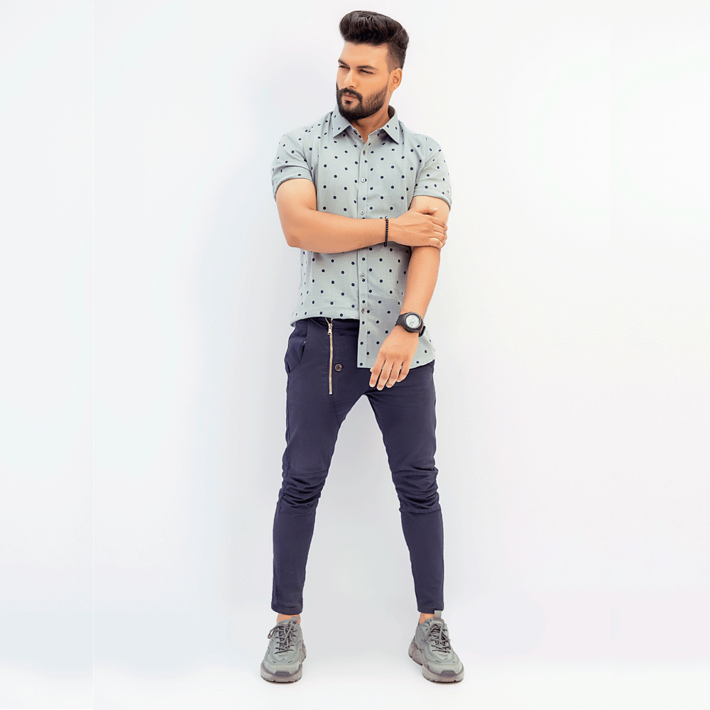 Gray Casual Shirt With Black Dot For Men's