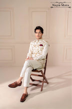 Cream Golden Embroidered Waist Coat For Men's