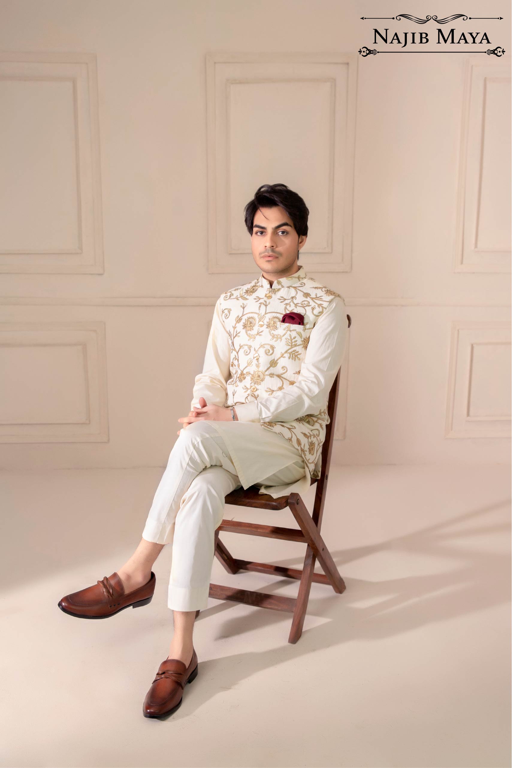 Cream Golden Embroidered Waist Coat For Men's