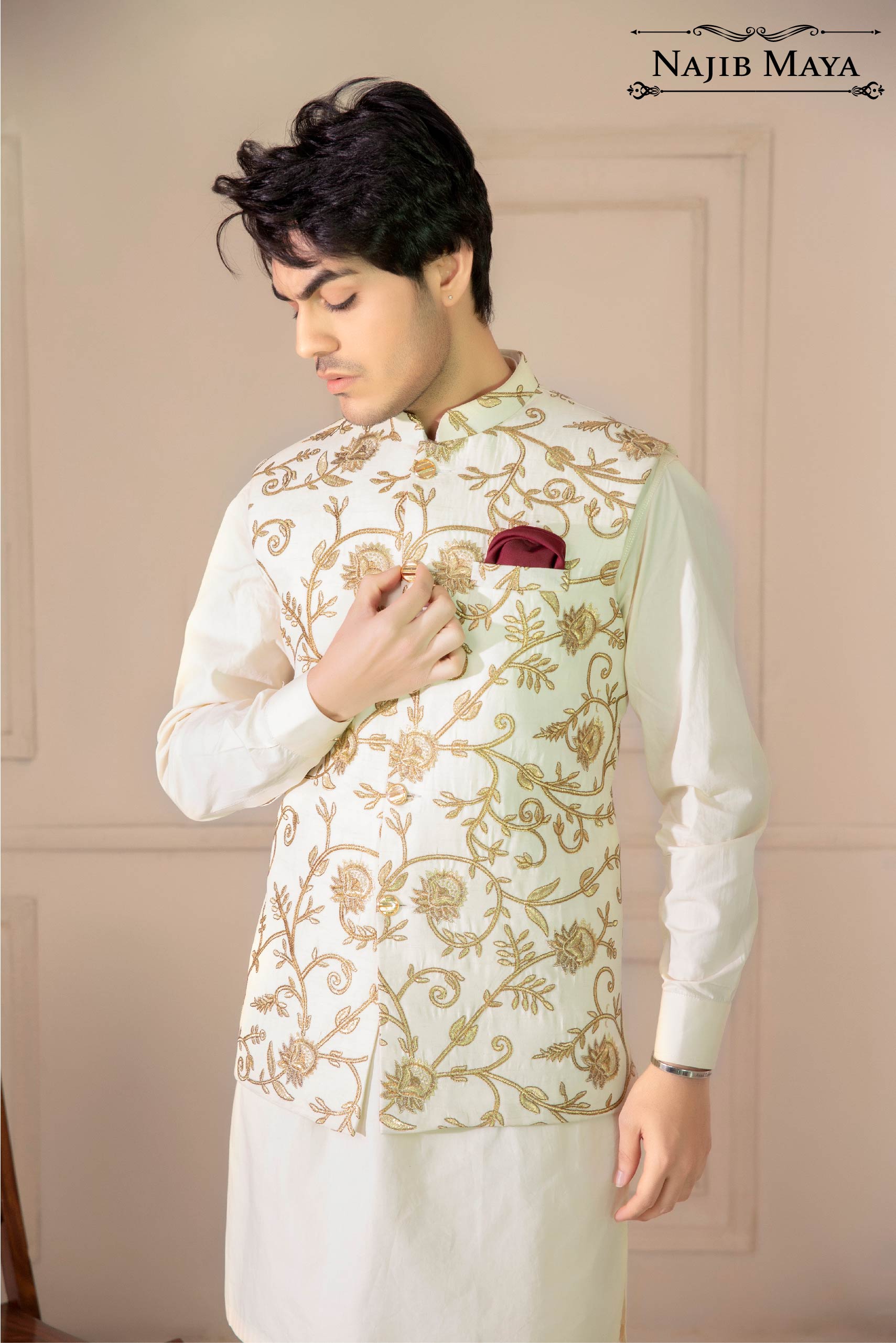 Cream Golden Embroidered Waist Coat For Men's Secondary image