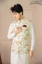 Cream Golden Embroidered Waist Coat For Men's