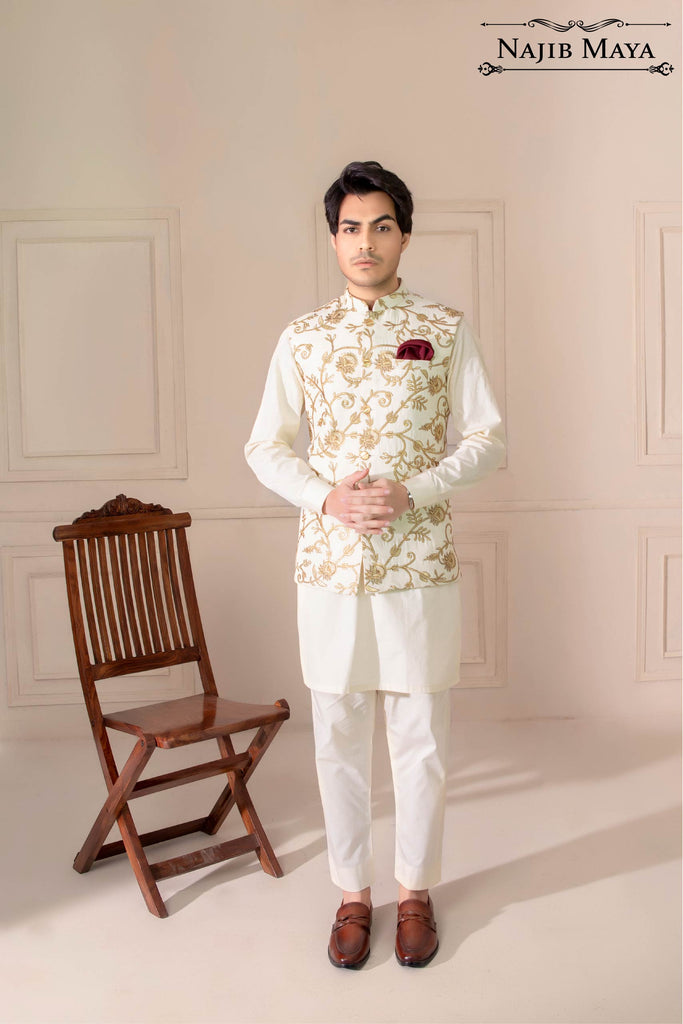 Cream Golden Embroidered Waist Coat For Men's