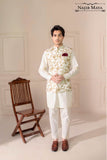 Cream Golden Embroidered Waist Coat For Men's