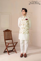 Cream Golden Embroidered Waist Coat For Men's