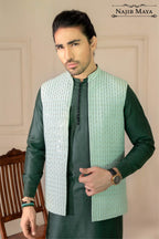 Pista Green Lining Embroidery Waist Coat For Men's