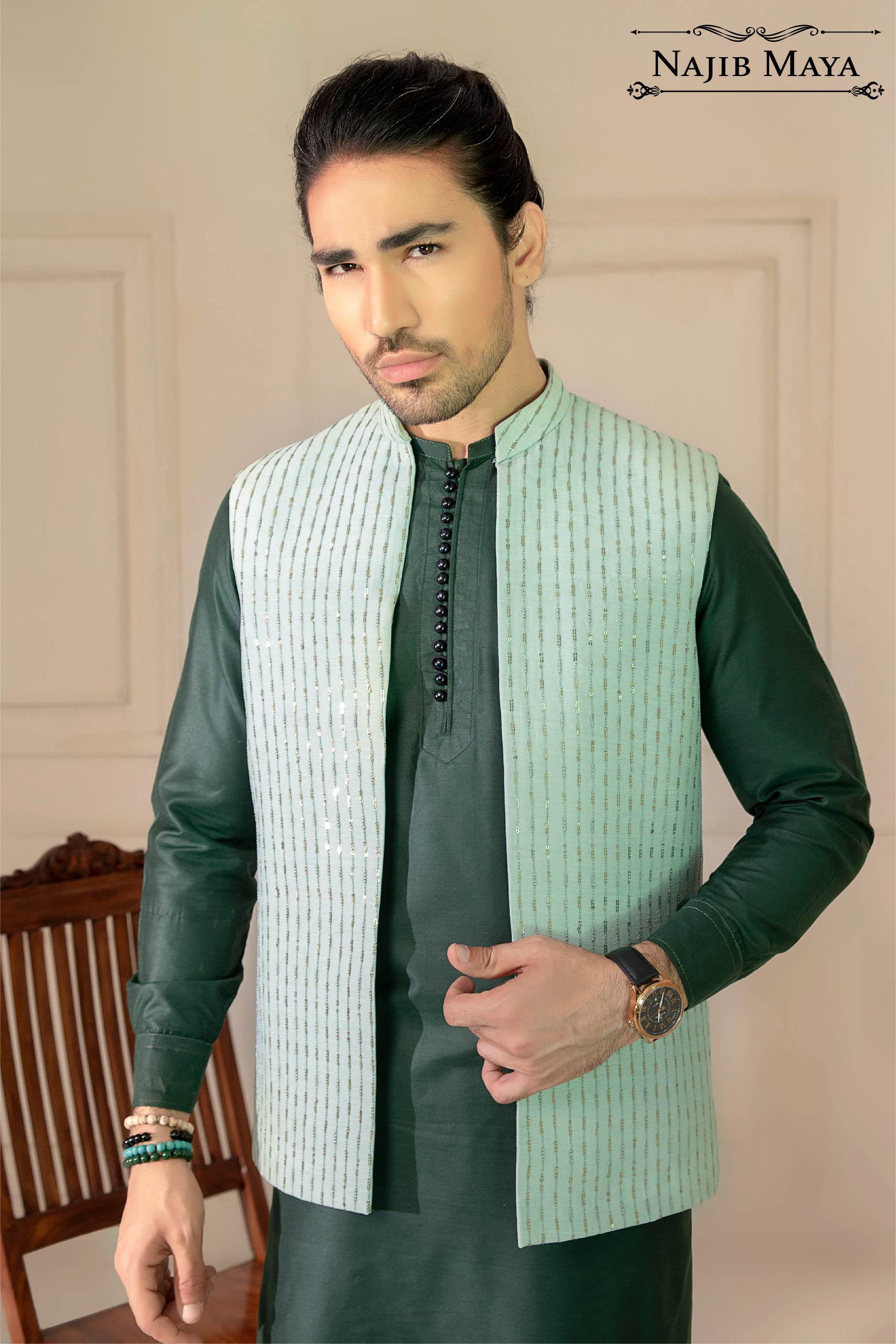 Pista Green Lining Embroidery Waist Coat For Men's