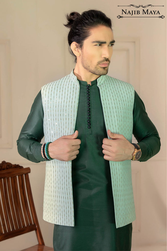 Pista Green Lining Embroidery Waist Coat For Men's