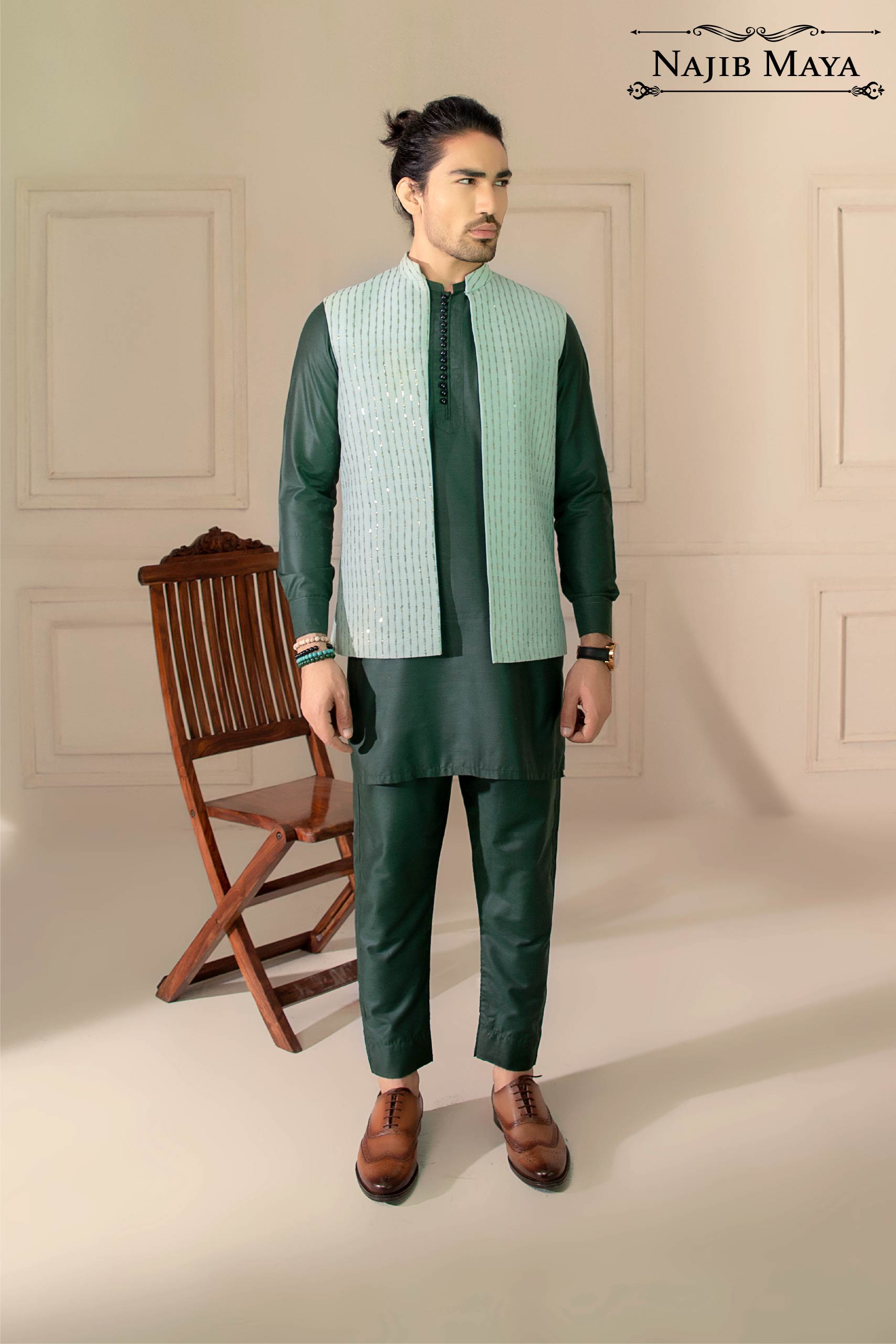 Pista Green Lining Embroidery Waist Coat For Men's Main image