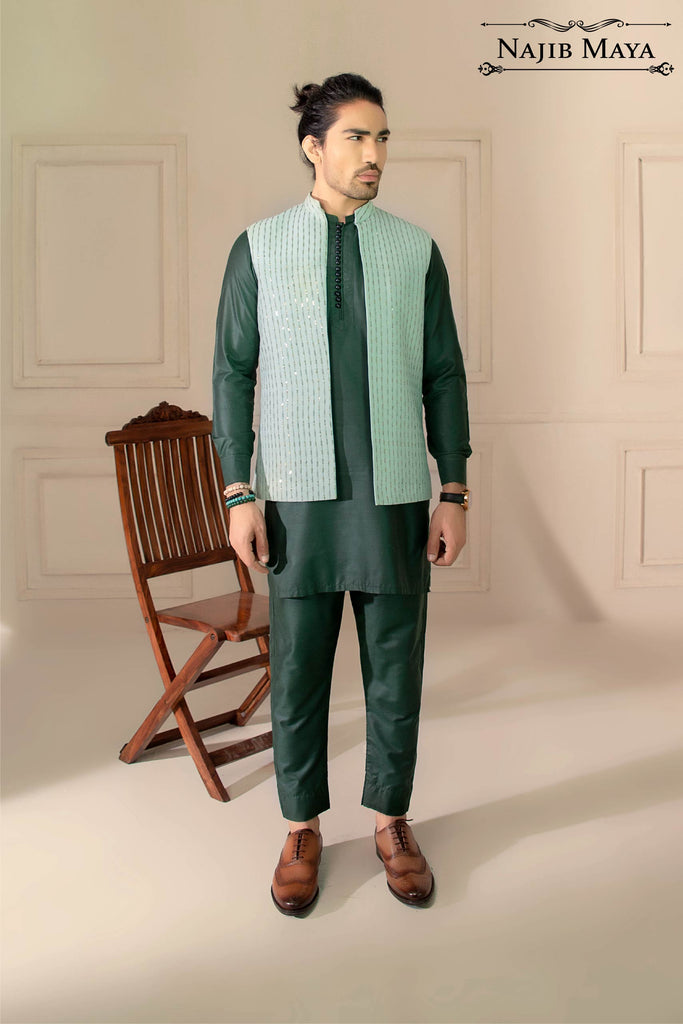 Pista Green Lining Embroidery Waist Coat For Men's