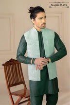Pista Green Lining Embroidery Waist Coat For Men's