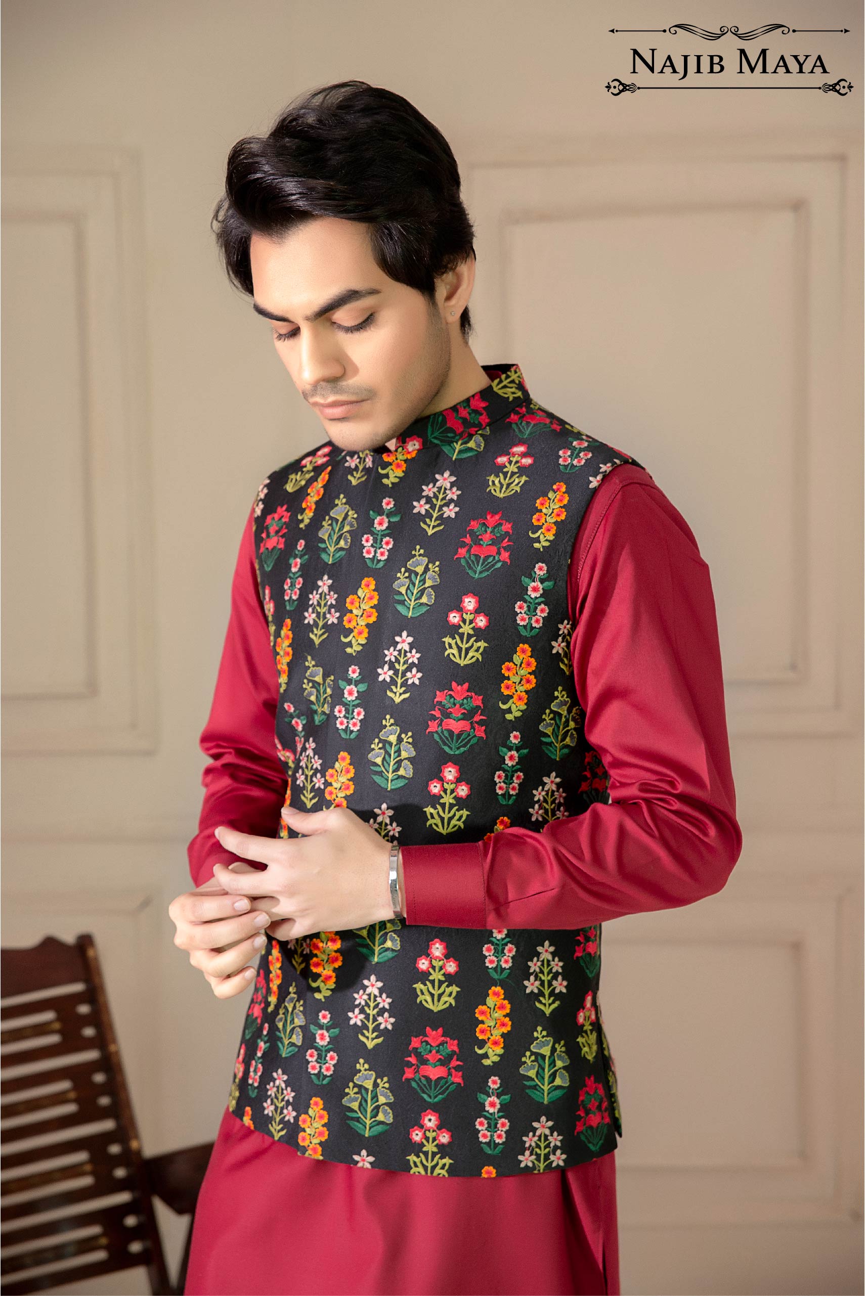 Black Multi Embroidered Waist Coat For Men's