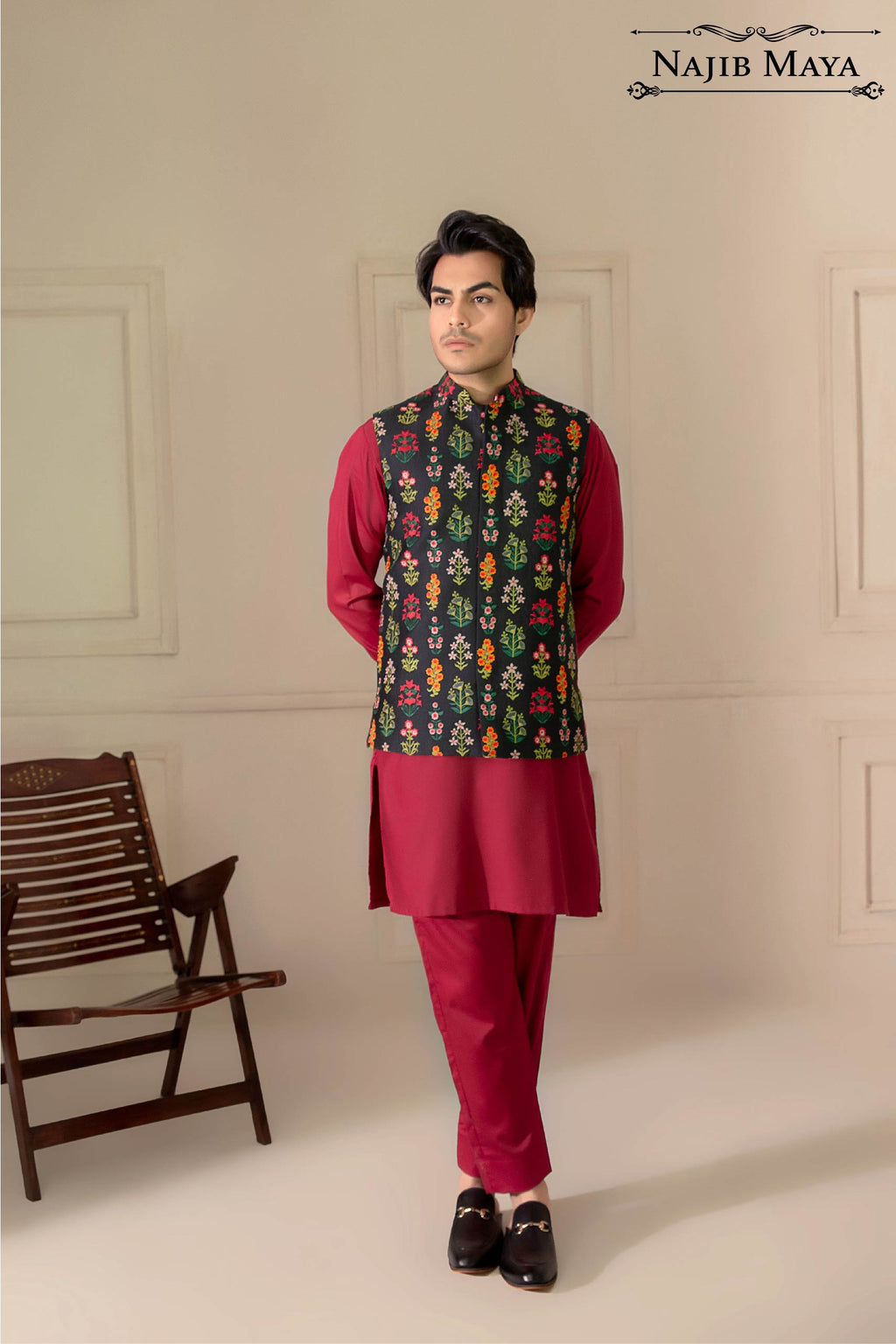 Black Multi Embroidered Waist Coat For Men's