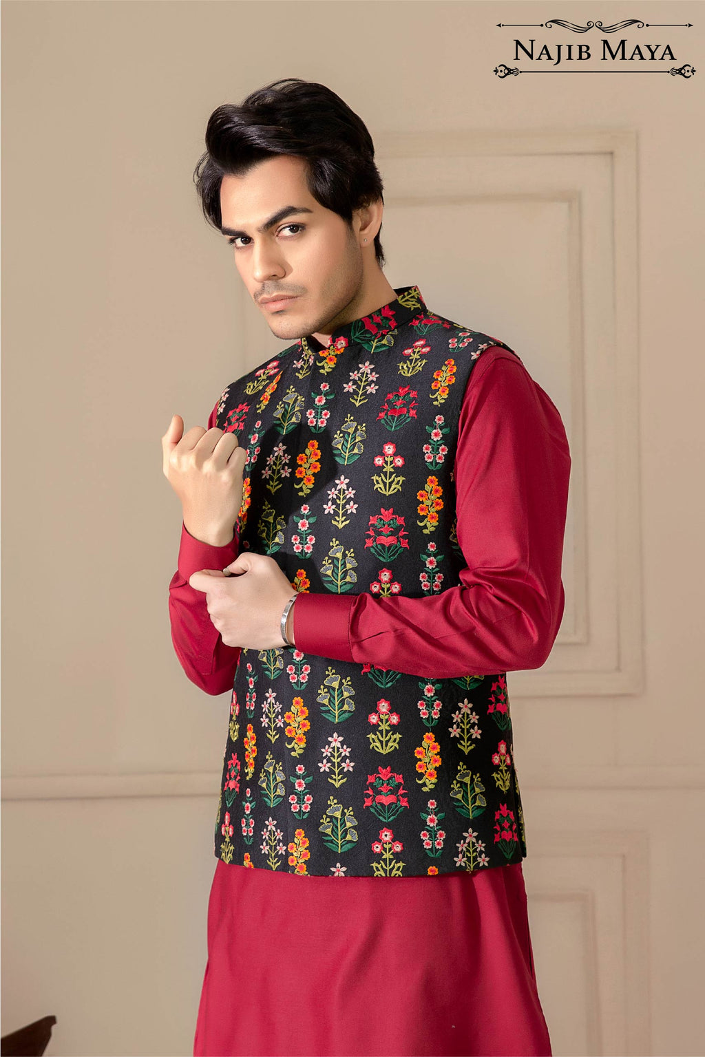 Black Multi Embroidered Waist Coat For Men's