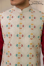 White Multi Embroidered Waist Coat For Men's