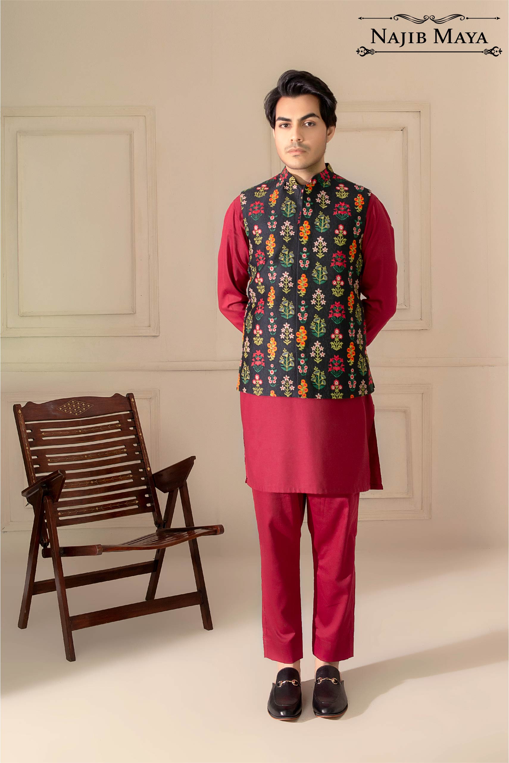 Black Multi Embroidered Waist Coat For Men's Main image