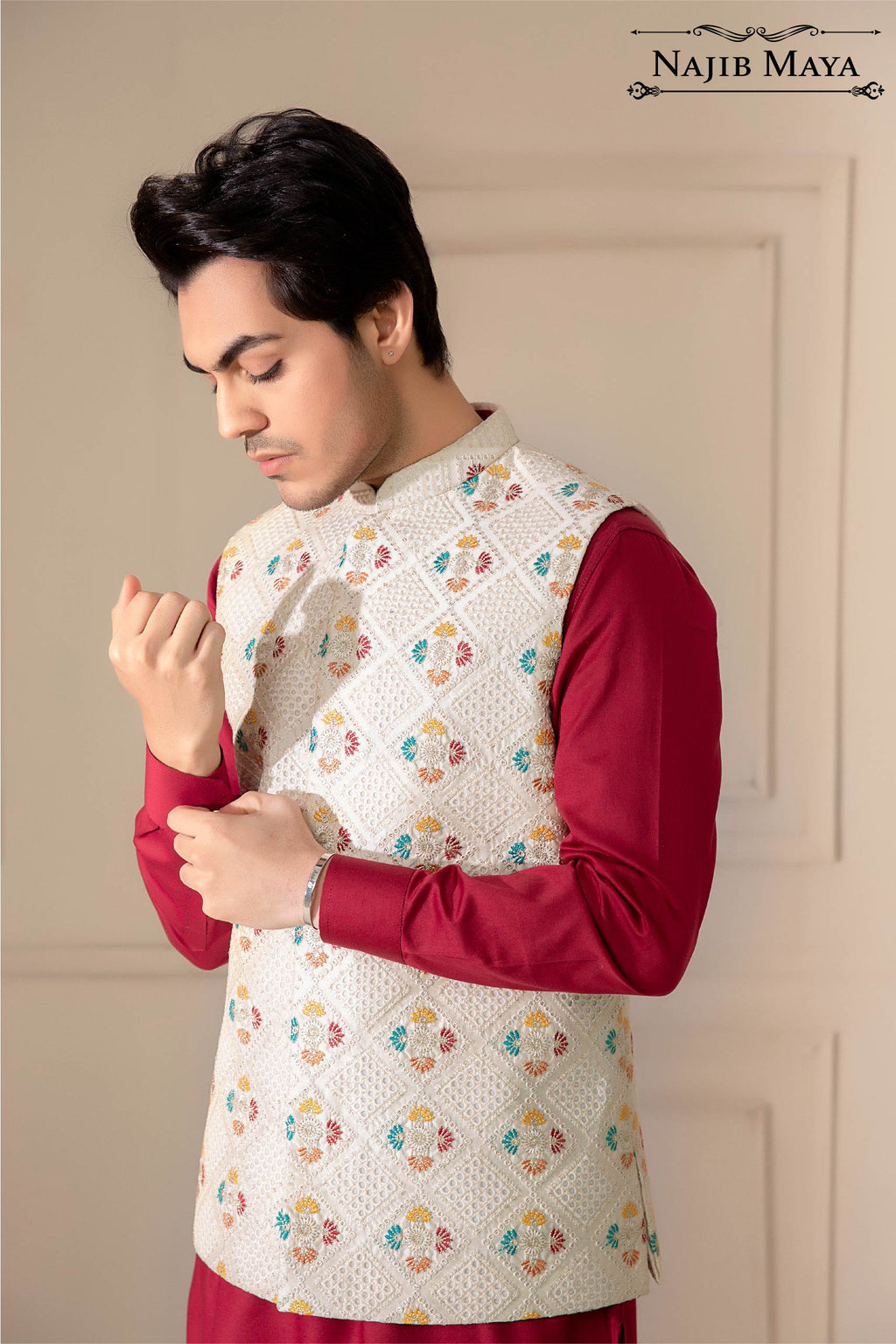 White Multi Embroidered Waist Coat For Men's